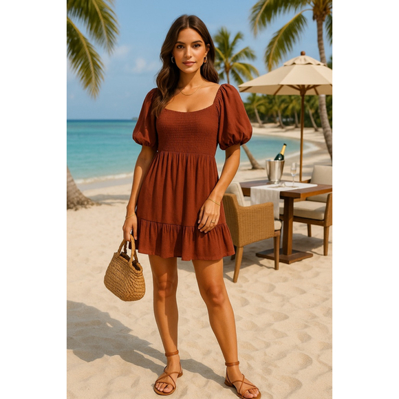 Maurice Brown Smocked Mini Dress Cottagecore Puff Sleeve Square Neck Romantic L - Picture 1 of 6